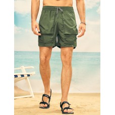 Men Plain Multi Pocket Utility Drawstring Mid Length Elastic Waist Cargo Shorts