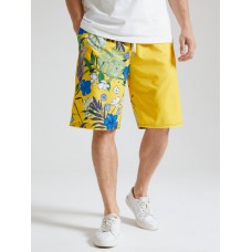 Mens Tropical Plants Print Patchwork Holiday Loose Drawstring Shorts