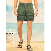 Men Plain Multi Pocket Utility Drawstring Mid Length Elastic Waist Cargo Shorts