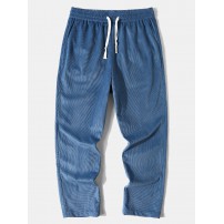 Men Velvet Solid Drawstring Waist Ankle Length Casual Pants